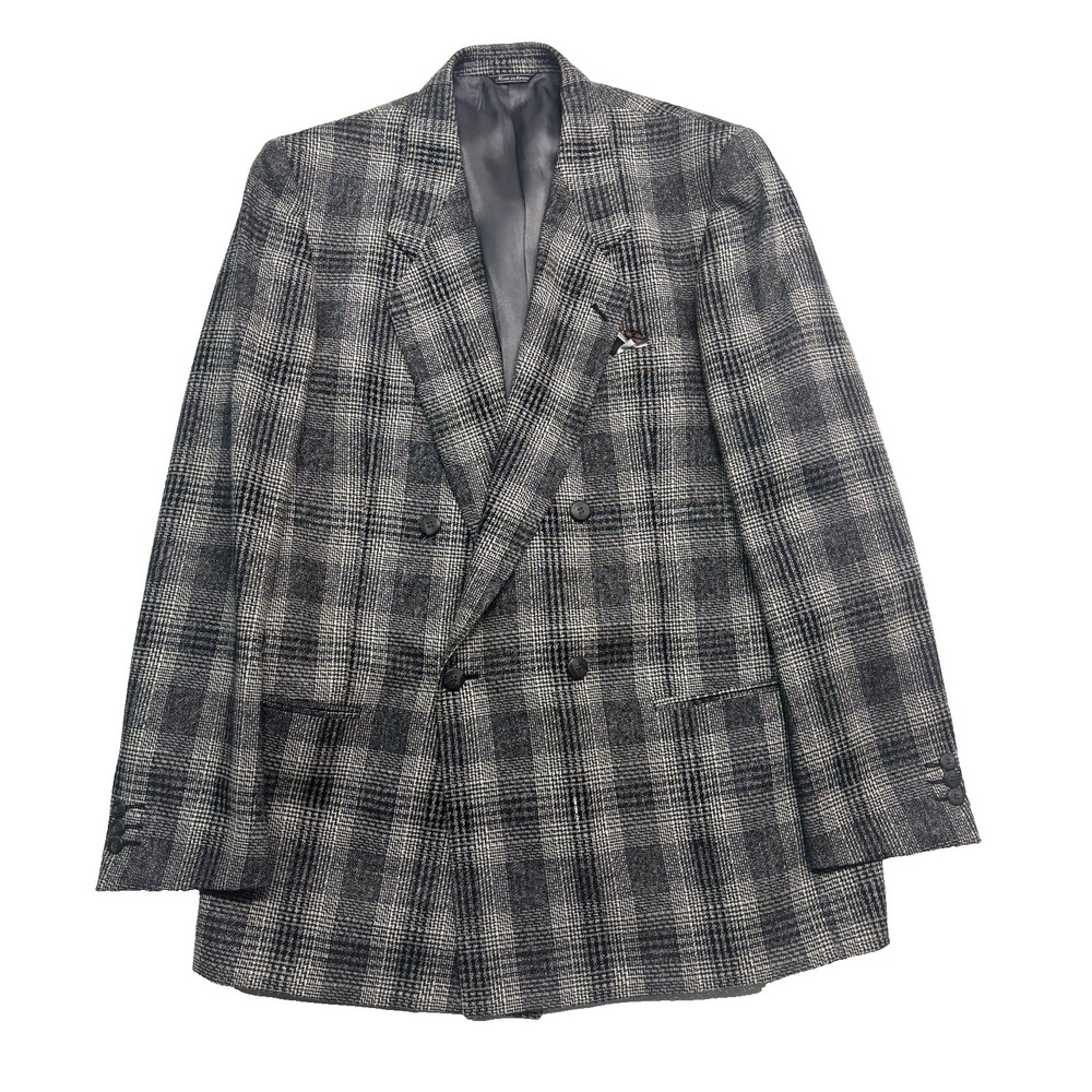 vtg‎ 90s Louis Raphael 42L Black White Plaid Tweed Double Breasted Blazer Jacket